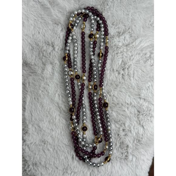 2pc Vintage Faux Pearl & Plum Bead Necklaces Set Gold Tone Accents 38” Each - Picture 5 of 6